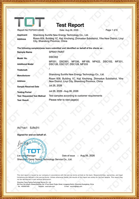tot test report for dsc series spray paint